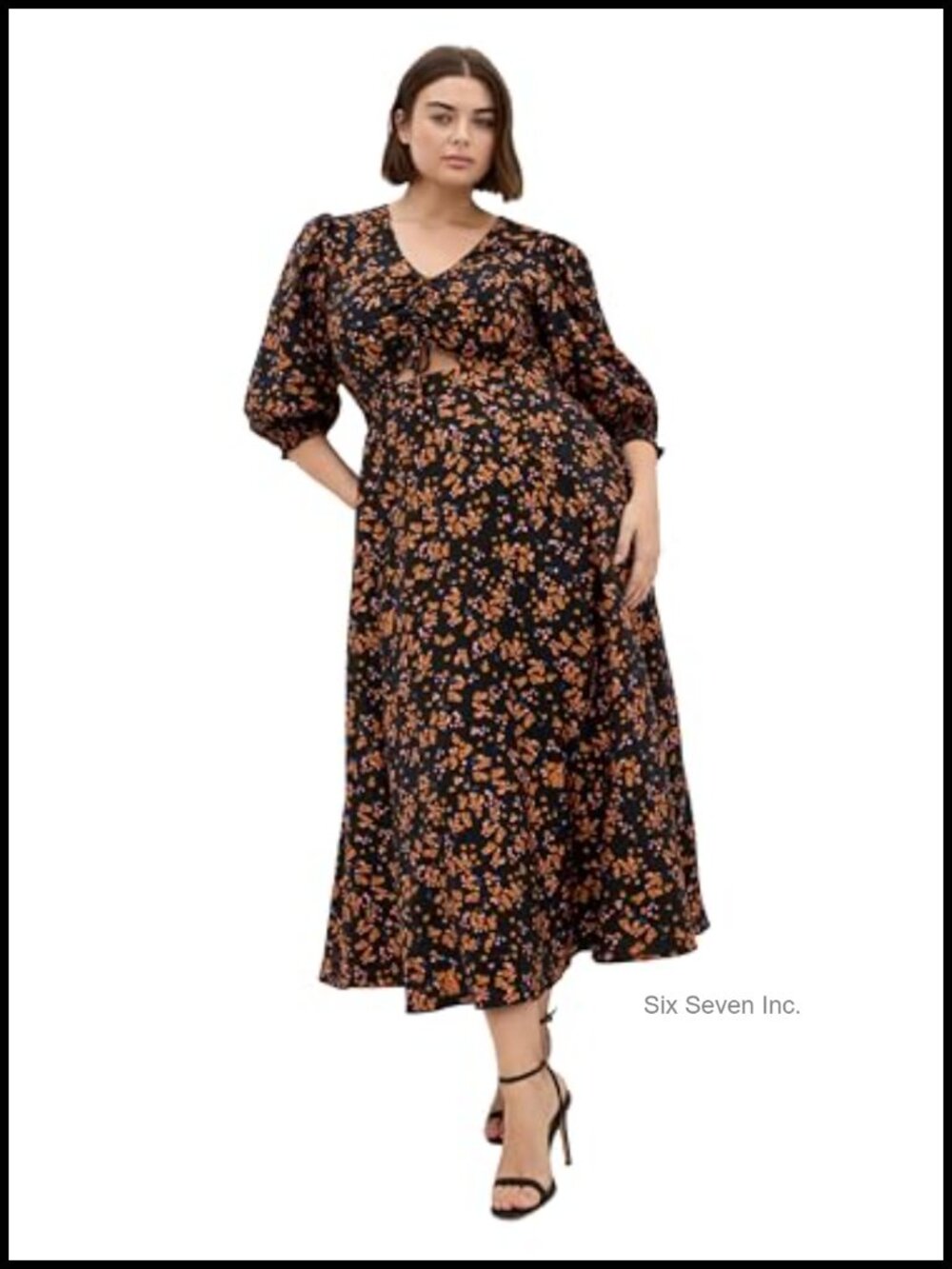 Plus Size Floral Maxi Dress V-Neck Elbow Sleeve Fit & Flare